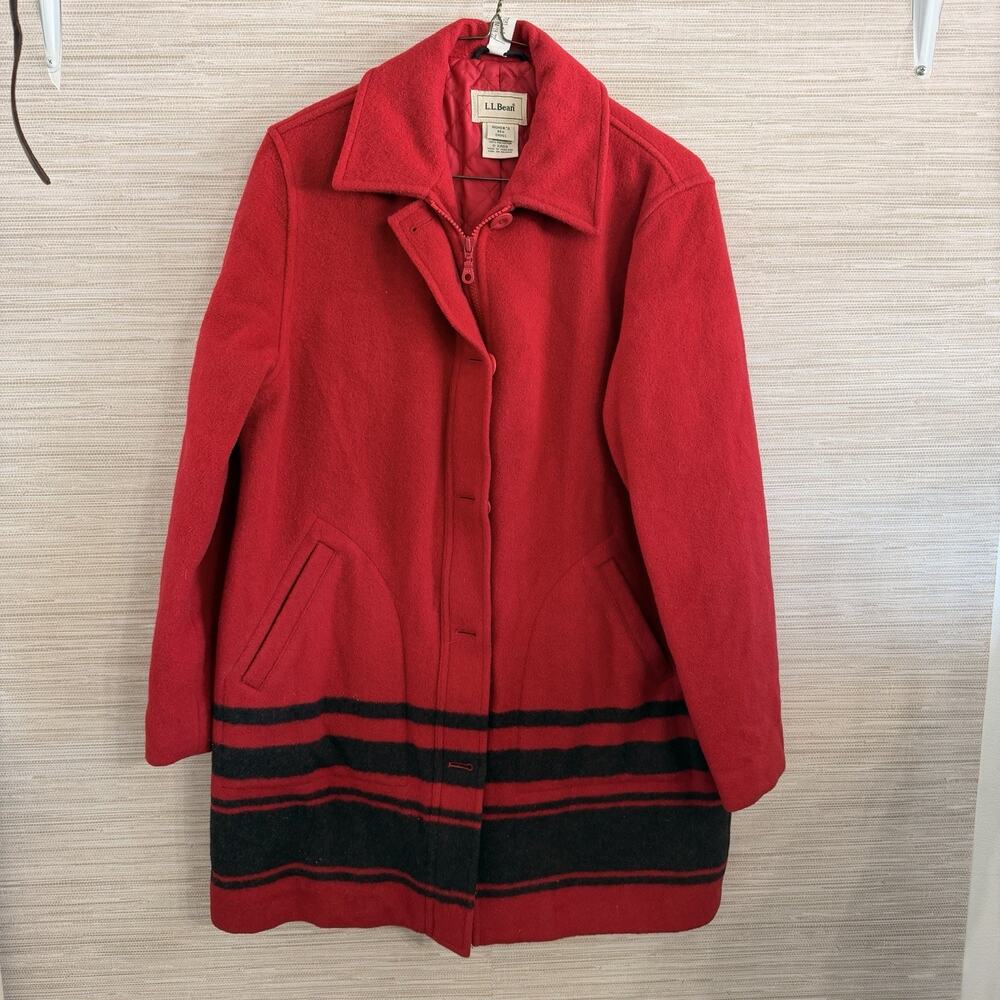 L. L. Bean vintage Women's Red and Black Striped Wool Blend blanket coat S